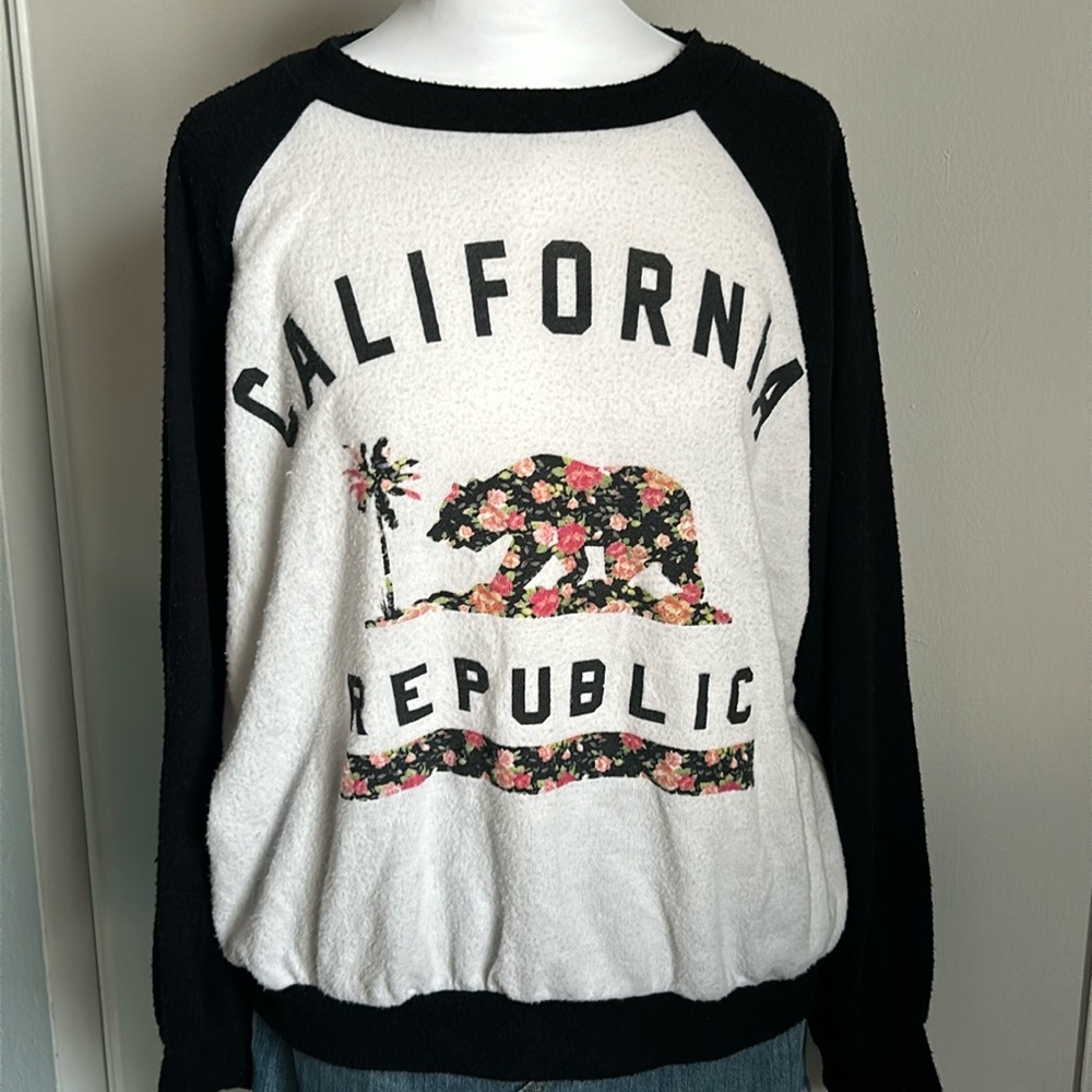 Oversized CA Floral Filled Flag Print Brushed Fuzzy Raglan Style Pullover